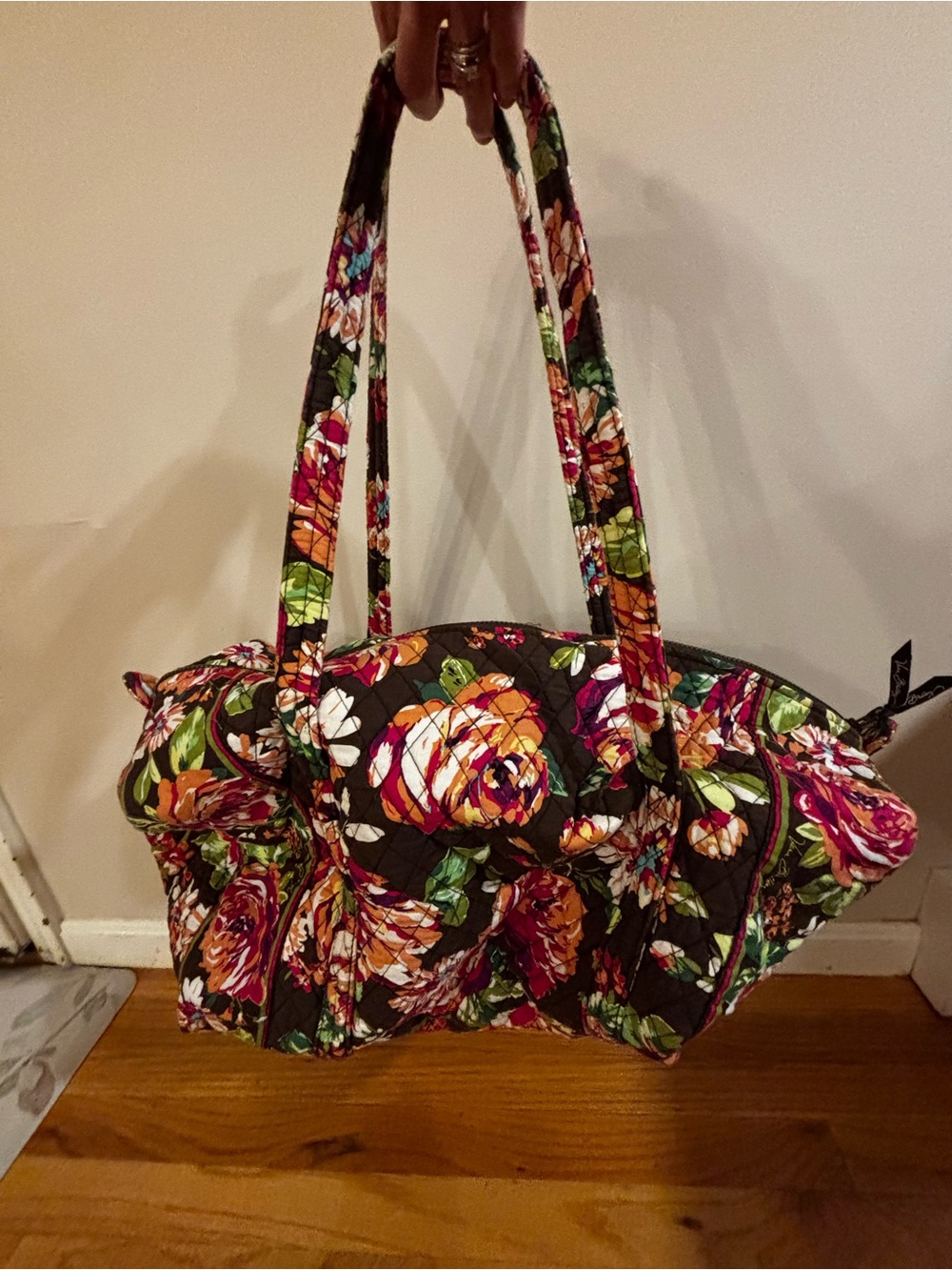 Vera Bradley Quilted Floral Shoulder Tote in Black with Multicolor Blooms